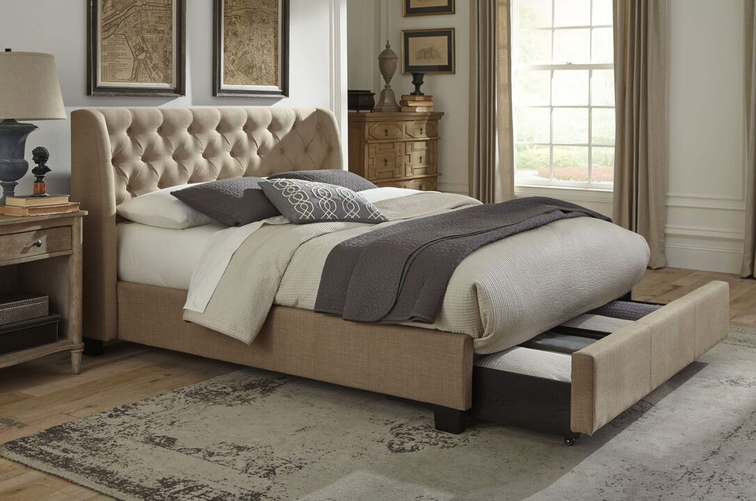 Levi Queen-Size Tufted Storage Bed in Toast Linen