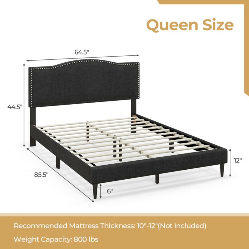 Hivvago Queen Size Upholstered Bed Frame with Nailhead Trim Headboard