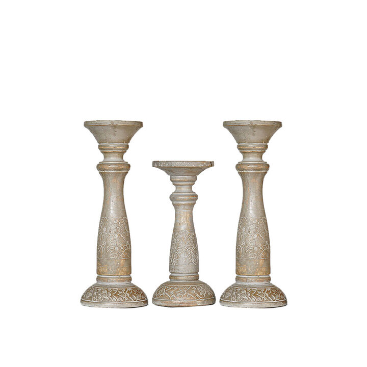 Traditional Gray Wash Eco-friendly Handmade Mango Wood Set Of Three 12",9" & 12" Pillar Candle Holder BBH Homes