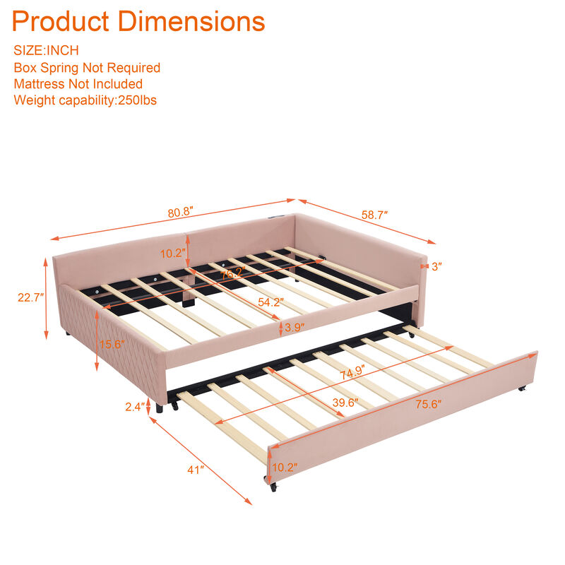 Merax Upholstered Daybed with Trundle,sturdy wooden bed frame, modern diamond grid design image number 2