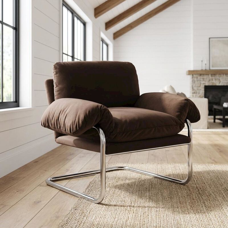Performance Velvet Upholstered Accent Chair with Wide Arms, Taupe image number 3