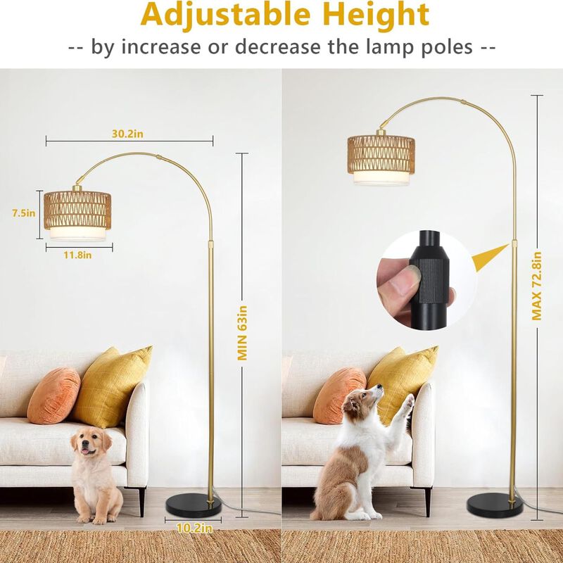 ELEMENT ACE Adjustable Height Arc Floor Lamp with Dimmable LED Bulb, Remote & Foot Switch Control, Rattan & Linen Shades, Tall Standing Lamp for Living Room Bedroom image number 8