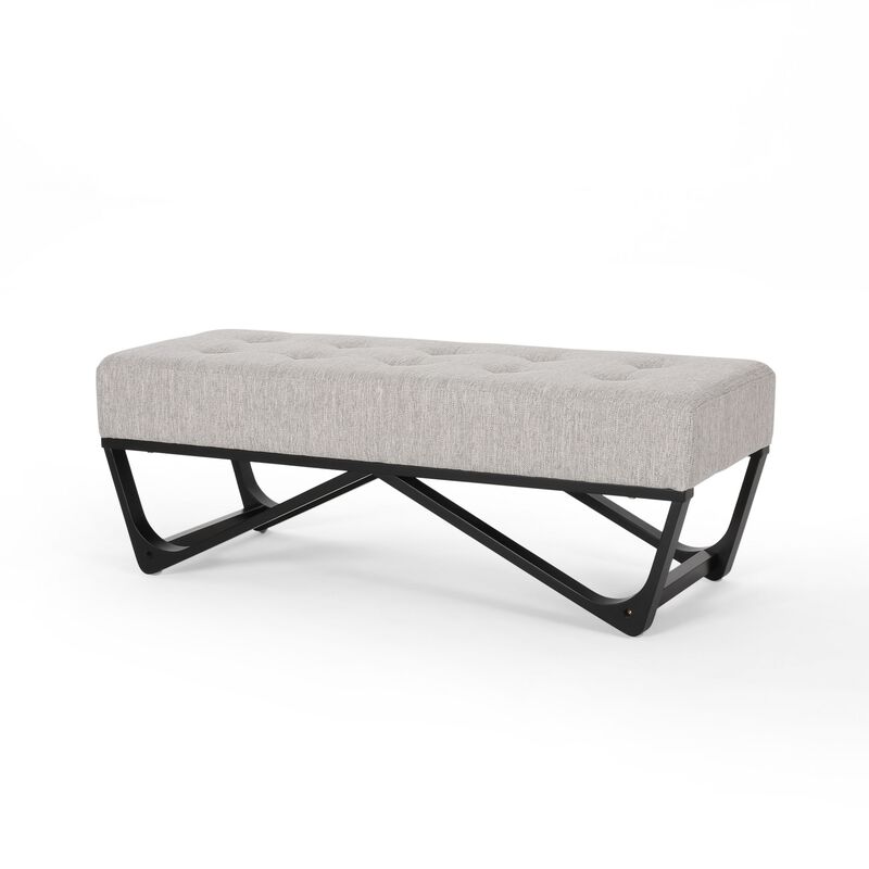 Liba Ottoman Bench, Button Tufted Beige Fabric, Black Frame, 47 Inch - Benzara