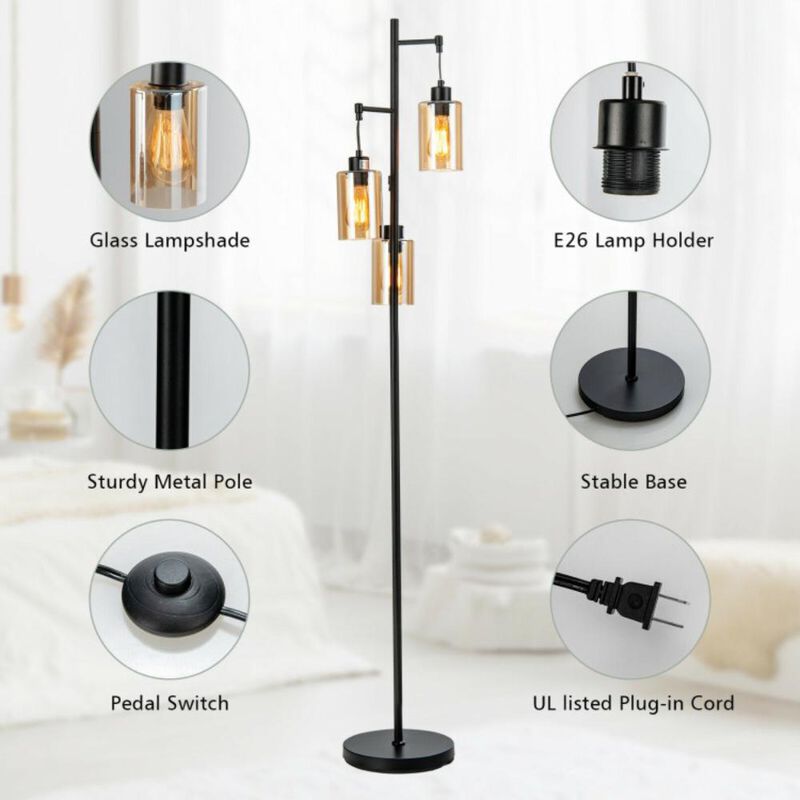 Hivvago Retro Floor Lamp with 3-Head Hanging Amber Glass Shade