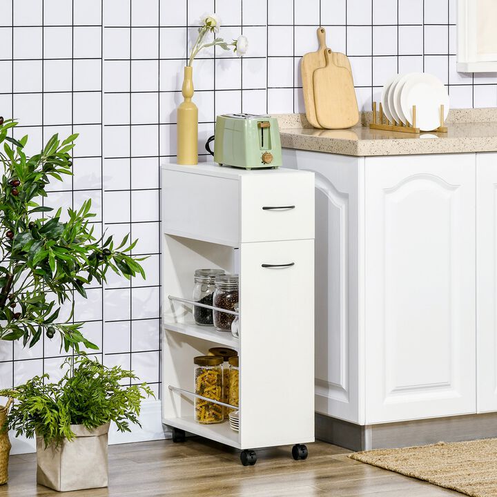 3- Tier Slim Storage Cart, Rolling Kitchen Island Storage Trolley with Drawer and Open Shelves, for Small Space, White
