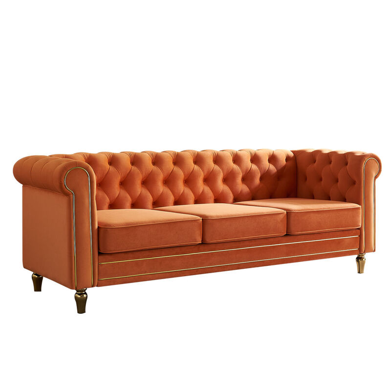 Chesterfield Velvet Sofa 84.65 inch for Living Room ORANGE Color