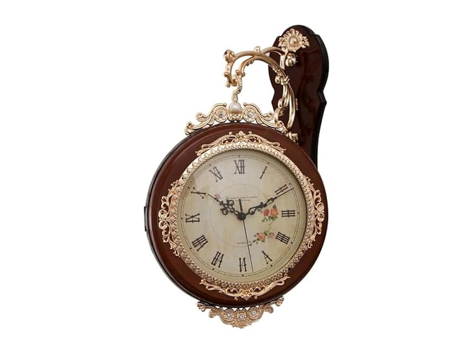 Double Sided European Antique Mounted Wall Clock Silent Outdoor Brown