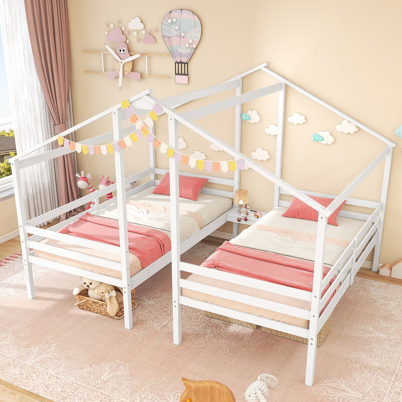 Double Twin Size Wooden Bed Frames with Built-in Table for Kids
