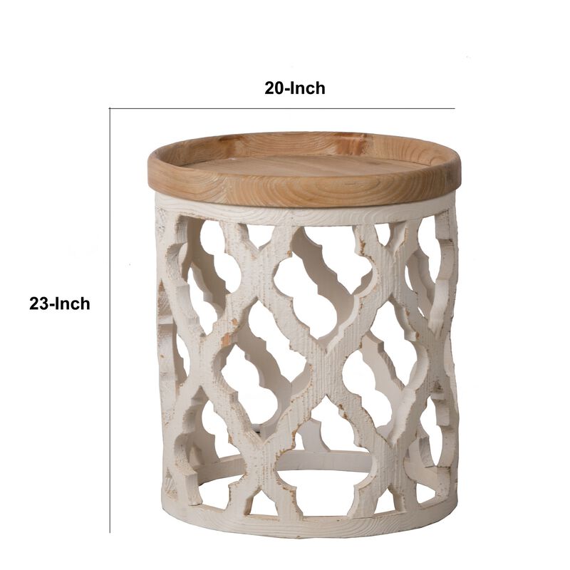 23 Inch Side Table, Vintage Wood Cutout Design, Round Top, Brown, Cream