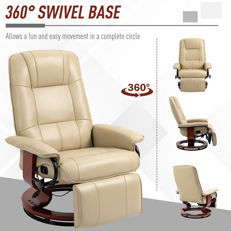 Faux Leather Manual Recliner, Adjustable Swivel Lounge Chair with Footrest, Armrest and Wrapped Wood Base for Living Room, Cream White