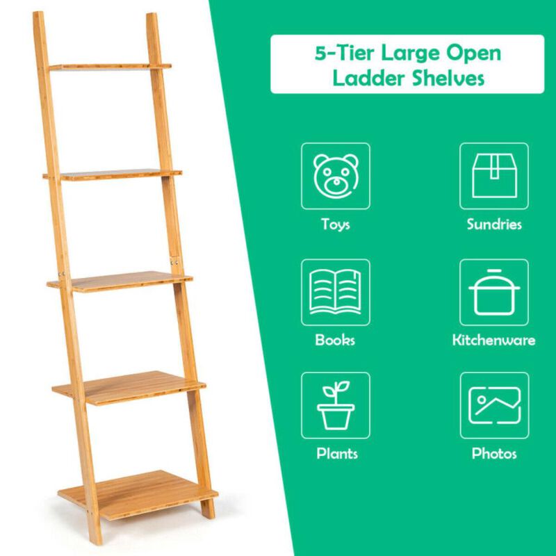 Hivvago 5-Tier Modern Bamboo Wall-Leaning Display Ladder Bookshelf