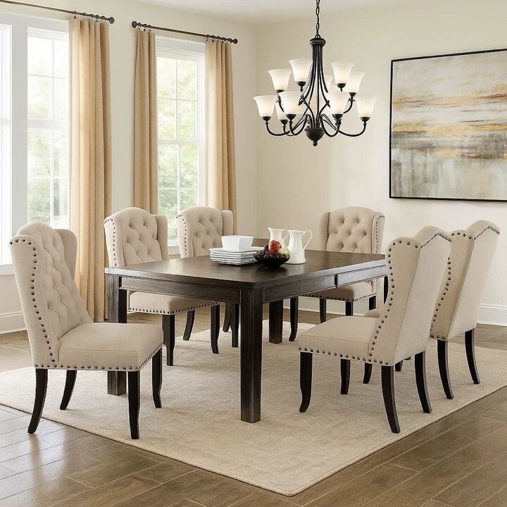Bega 7pc Counter-Height Table Set, 6 Tufted Nailhead Chairs, Black Wood