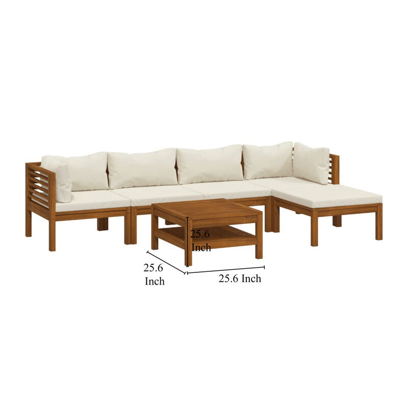 6pc Outdoor Modular Sofa Set, Coffee Table, Ivory, Brown Acacia Wood - Benzara image number 4