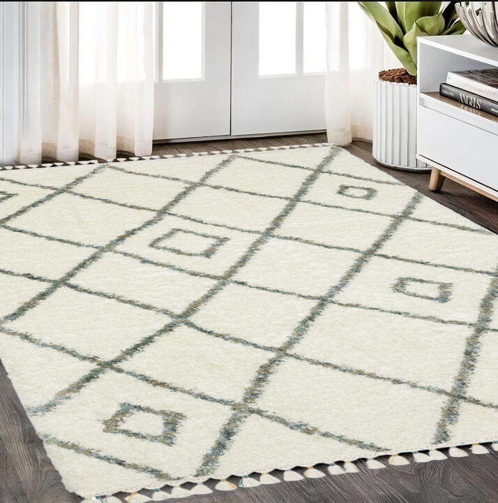 HomeRoots Diamond Shag Area Rug With Fringe