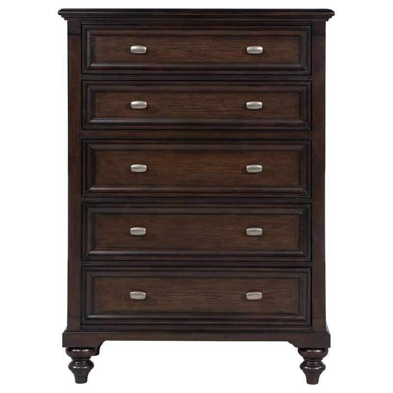 Meon Tall Dresser Chest w 5 Drawers, Carved Bun Feet, Dark Oak Brown - Benzara