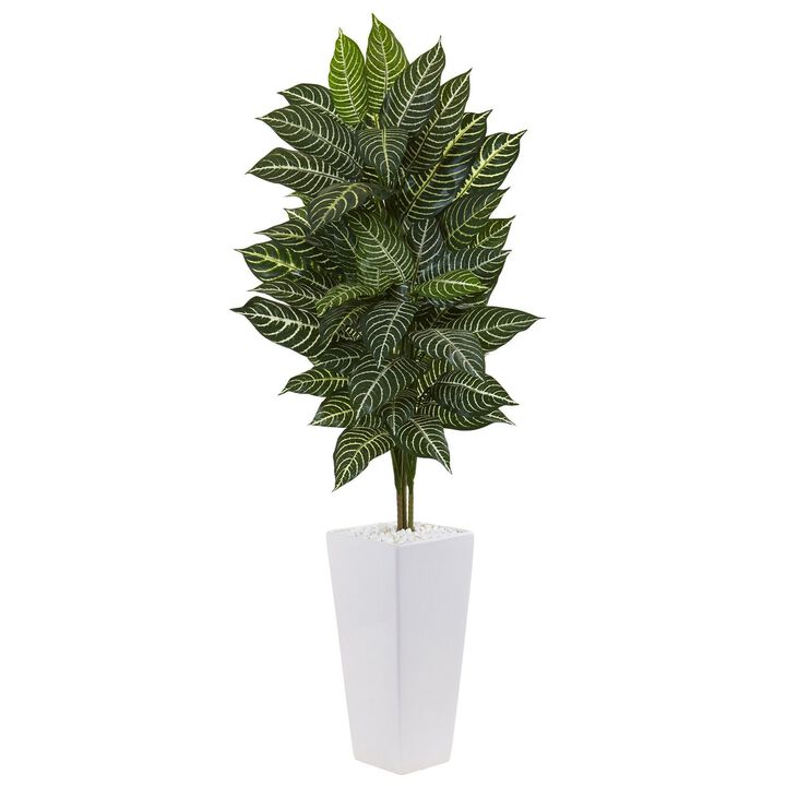 Nearly Natural 4-ft Zebra Plant in White Tower Planter