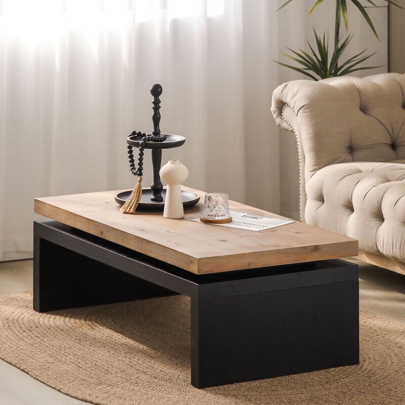 Rustic Farmhouse Rectangular Coffee Table with Floating Tabletop Design, Wooden Living Room Table image number 2
