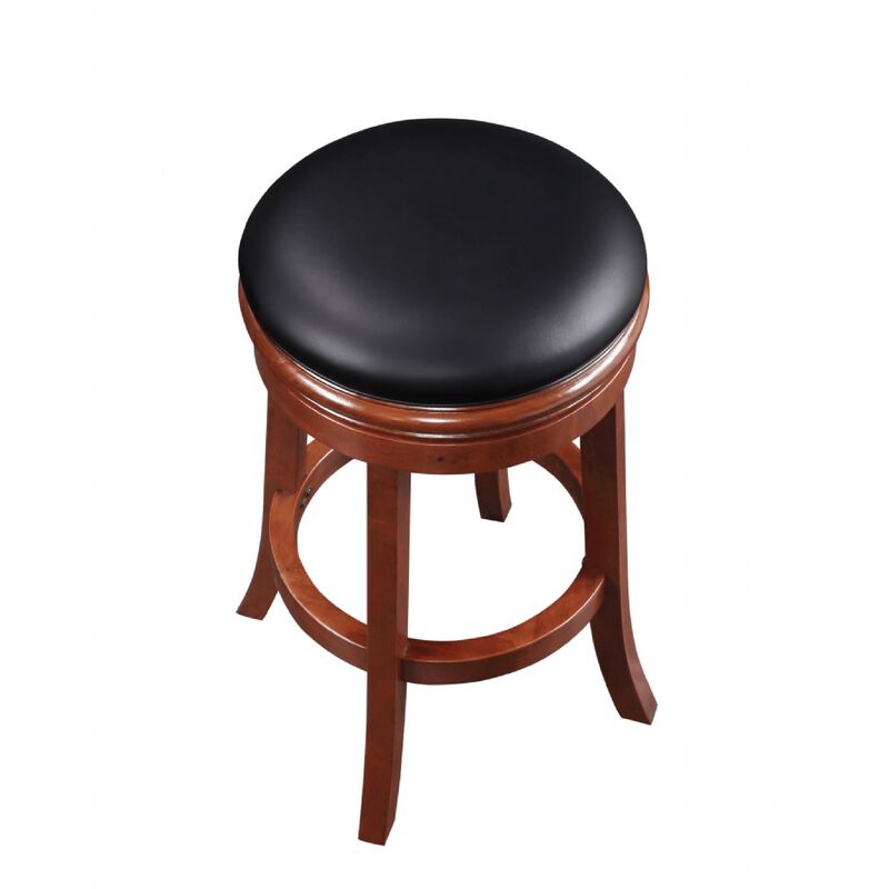 Sabi 30 inch Swivel Counter Stool, Solid Wood, Faux Leather, Brown, Black - Benzara