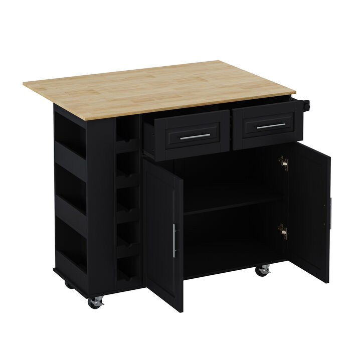 Multi Functional Kitchen Island Cart with 2 Door Cabinet and Two Drawers, Spice Rack, Towel Holder, Wine Rack, and Foldable Rubberwood Table Top (Black)