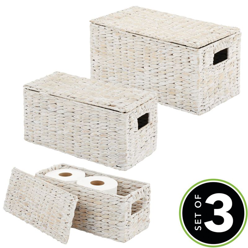 mDesign Woven Water Hyacinth Storage Basket with Lid/Handles, Set of 3 - Gray image number 3