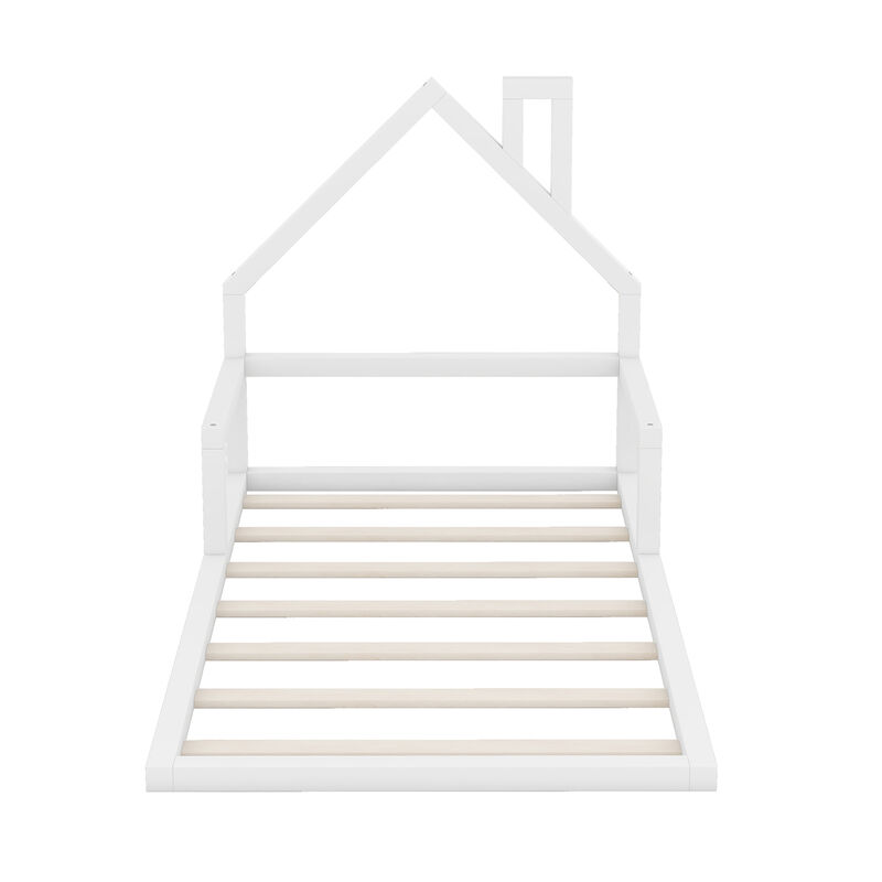 Whisen Modern Design Twin Size Wood Floor Bed with House-shaped Headboard - White