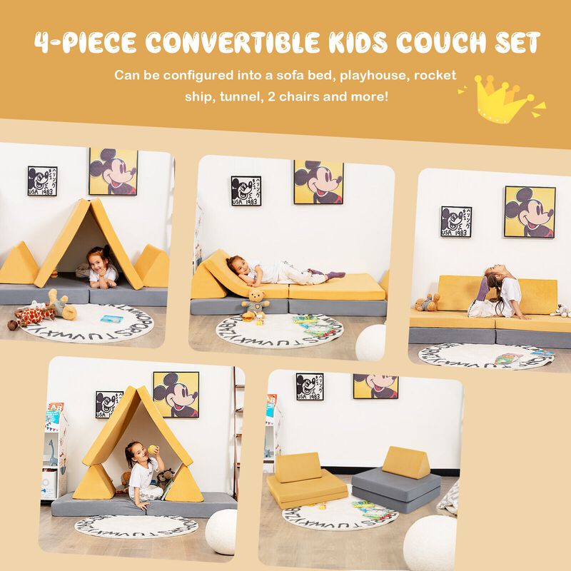 4 Pieces Convertible Kids Couch Set with 2 Folding Mats in Yellow