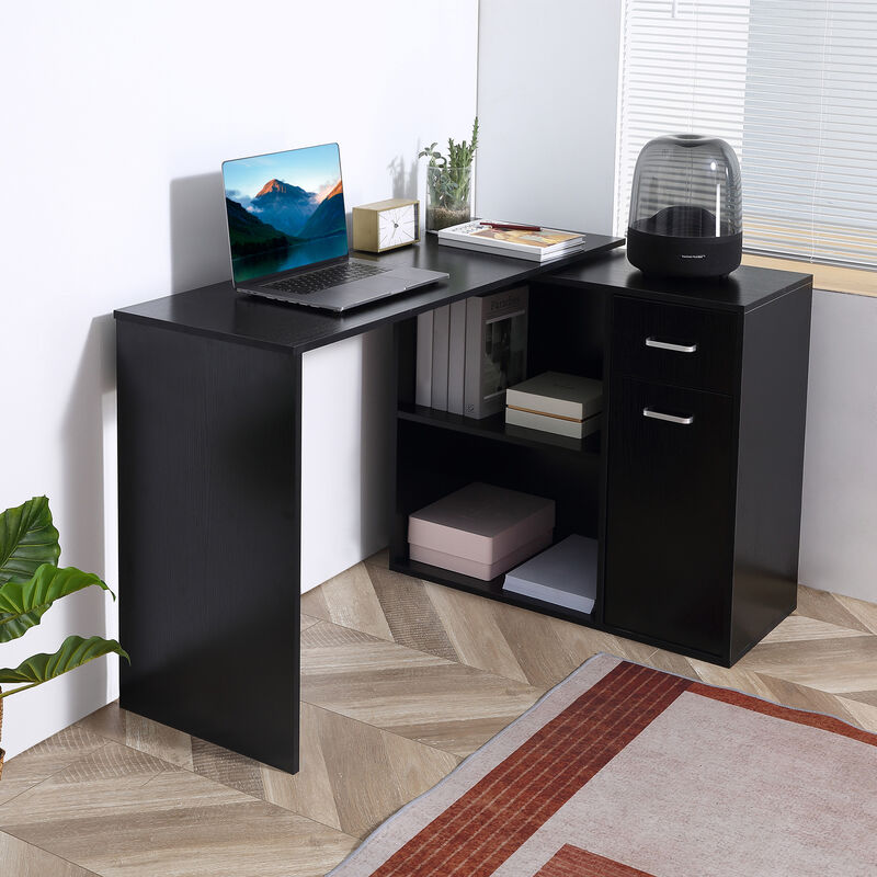 Rotating Home Office L-Shaped Corner Desk w/ Storage Drawer Computer Table Black