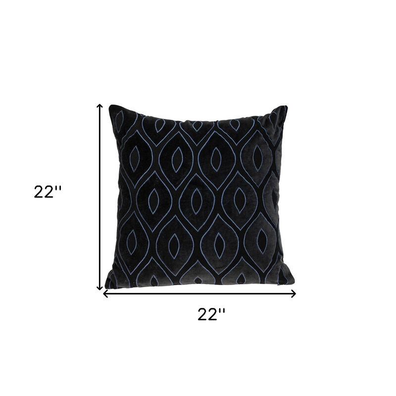 HomeRoots 22" Black and Blue Ogee Cotton Throw Pillow with Embroidery and Applique image number 4
