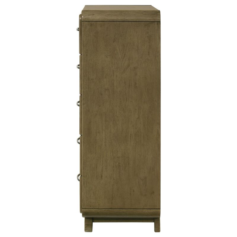 Deon Tall Dresser Chest, 5 Drawers w Nickel Handles, Nutmeg Brown - Benzara