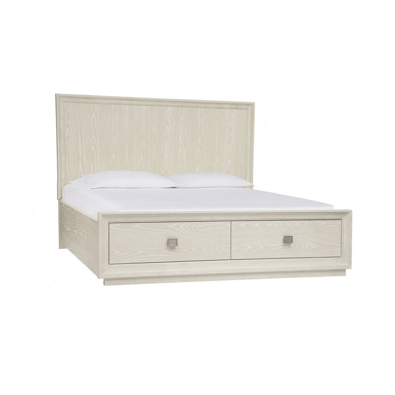Maxi Queen Size Platform Bed, 2 Storage Drawers, High Headboard, Beige Wood - Benzara
