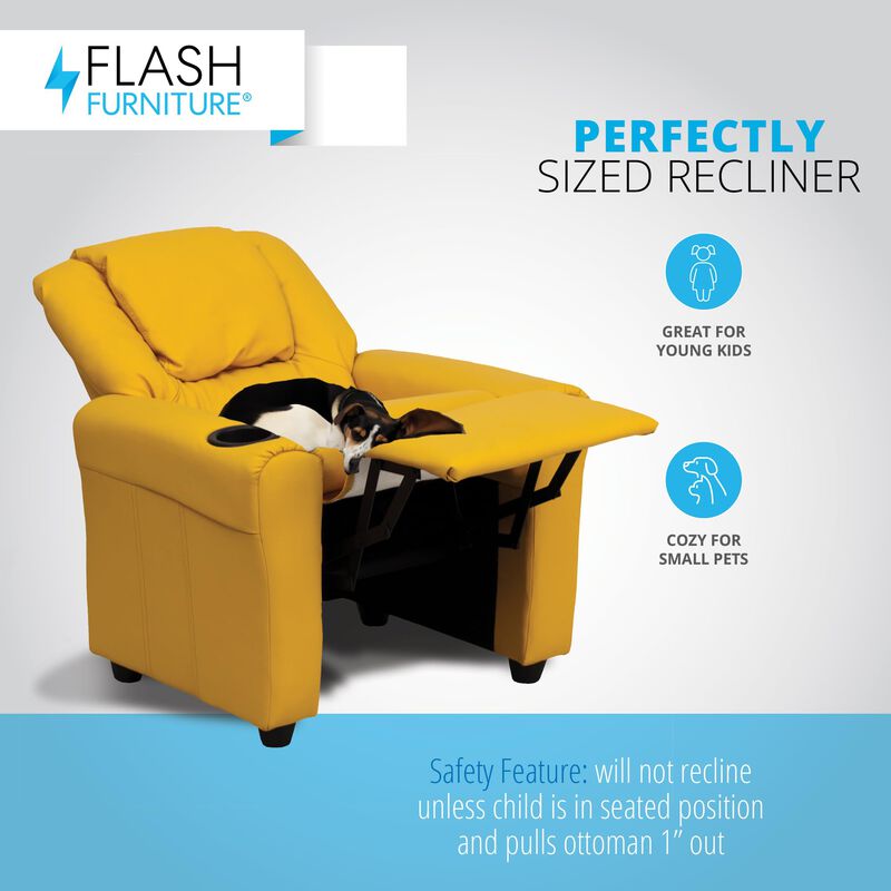 Flash Furniture Vana Vinyl Kids Recliner with Cup Holder, Headrest, and Safety Recline, Contemporary Reclining Chair for Kids, Supports up to 90 lbs., Yellow