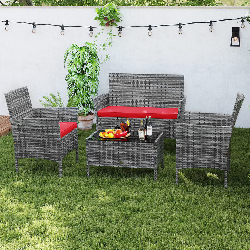 4-Piece Patio Rattan Conversation Set with Cushioned Seats and Tempered Glass Table image number 1