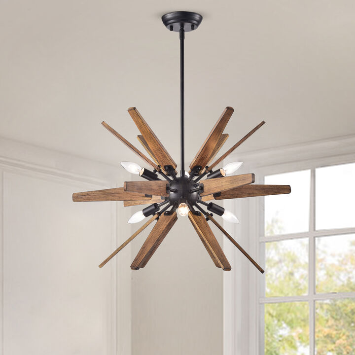 Betina Antique Black Sputnik Natural Wood 6-light Chandelier