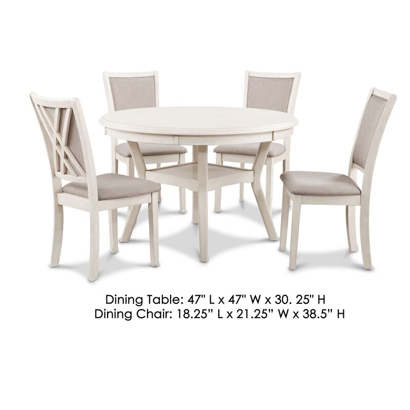 Aine 5 Piece Round Dining Table and Chair Set, White Wood, Fabric Seat - Benzara
