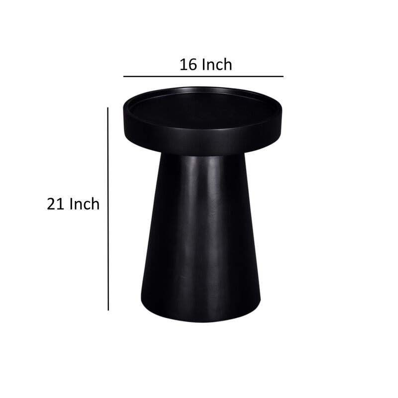 Side End Table, 16 Inch Raised Edge Round Top, Flared Base, Black Wood