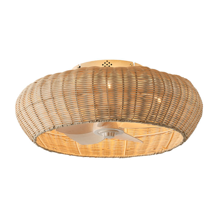 19.7" Bohemian Handwoven Rattan Caged Antique White Reversible Ceiling Fan with Light and Remote