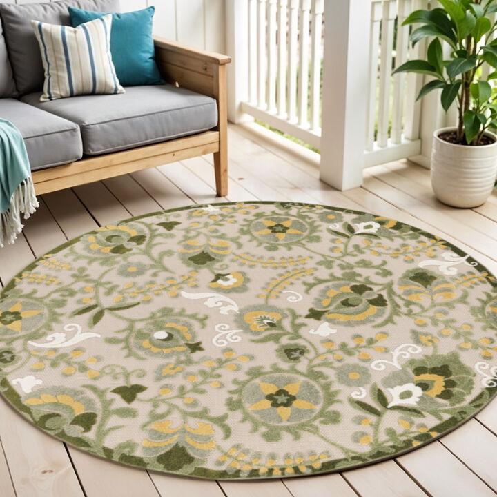 HomeRoots 5' Ivory Green Dark Green And Yellow Round Floral Indoor Outdoor Area Rug