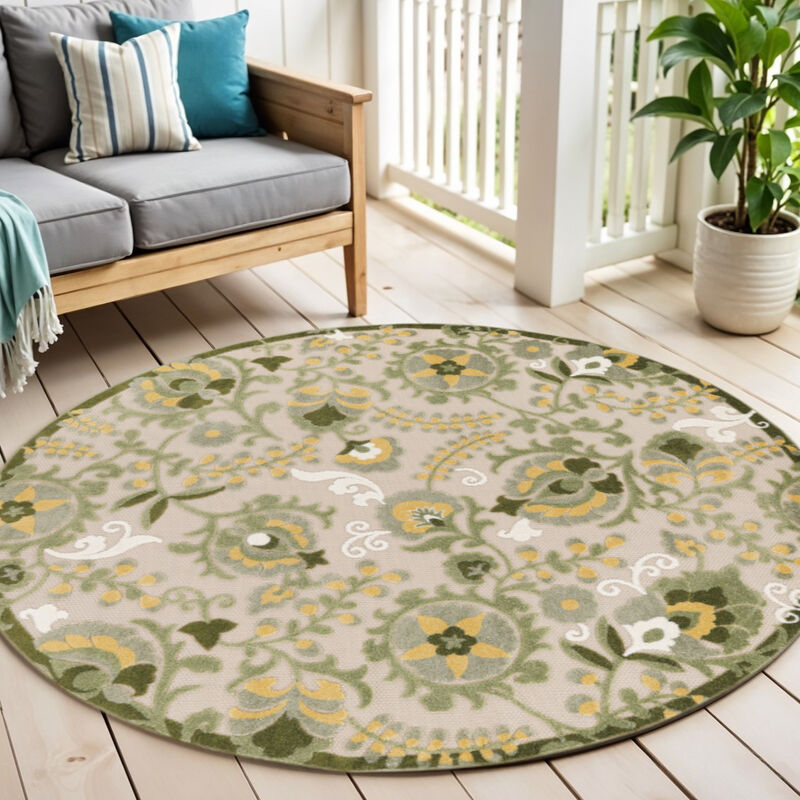 HomeRoots 5' Ivory Green Dark Green And Yellow Round Floral Indoor Outdoor Area Rug image number 1