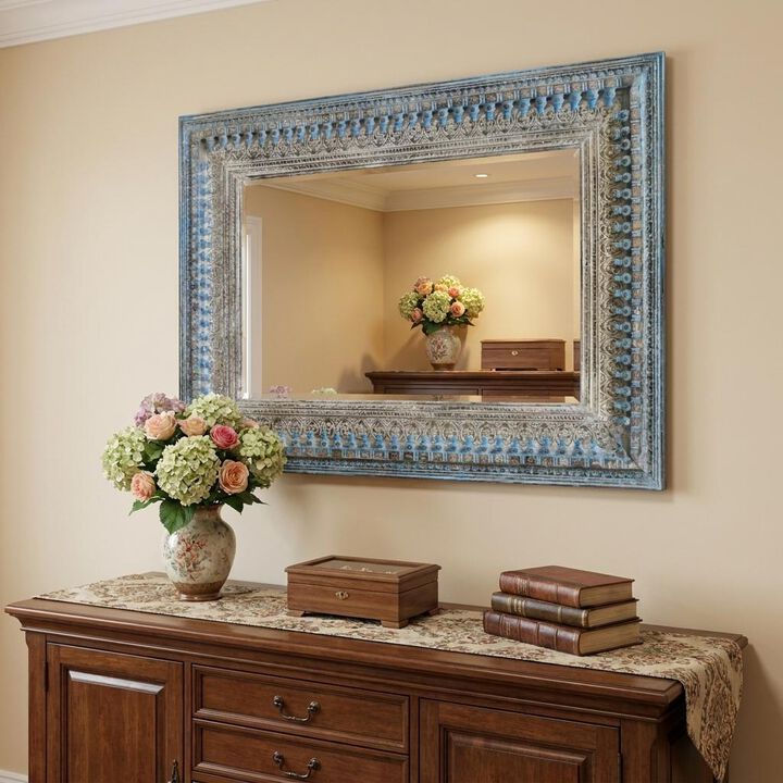 HomeRoots 50" Blue and Silver Solid Wood Framed Accent Mirror