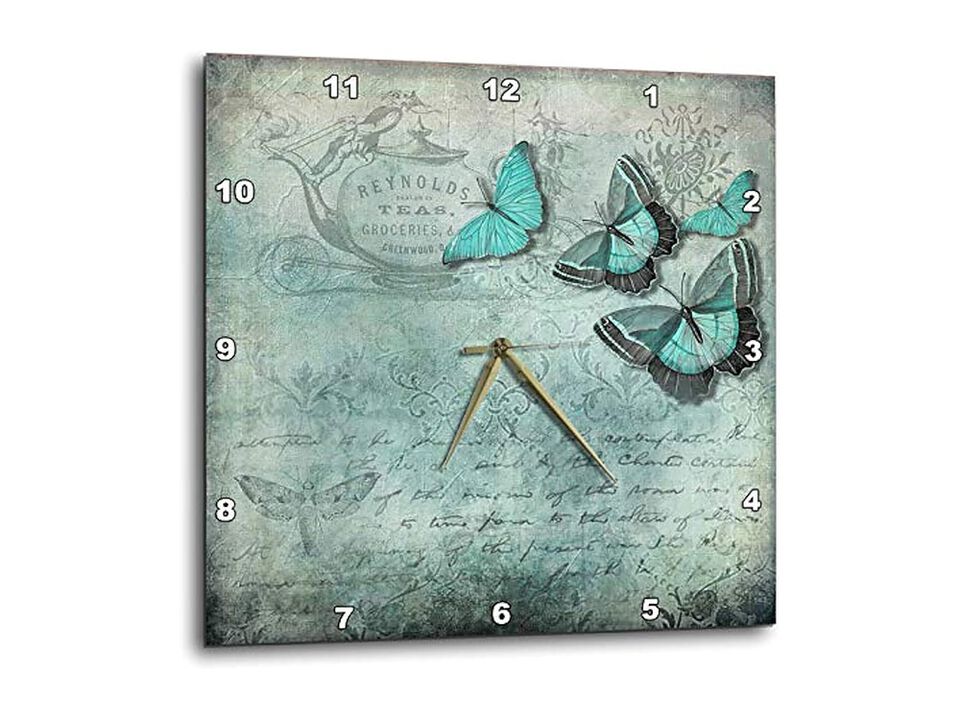 Butterfly Vintage Style Blue Turquoise Wall Clock 15 Inch Silent Home Decor