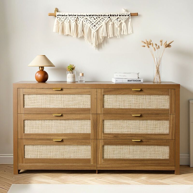 Modern Wood Rattan Dresser with 6 Drawers Clothing Organizer image number 1
