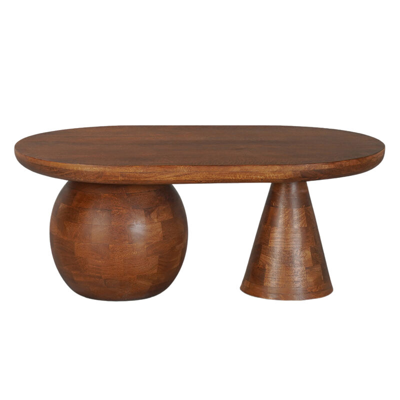 Leeds Coffee Table, 38" Handmade Walnut Brown Mango Wood Oval Top, Round Ball and Cone Base image number 8
