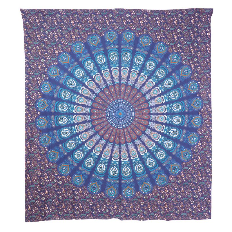 HomeRoots 92" X 84" Navy Blue Ivory And Brown Mandala Cotton Hanging Tapestry image number 0