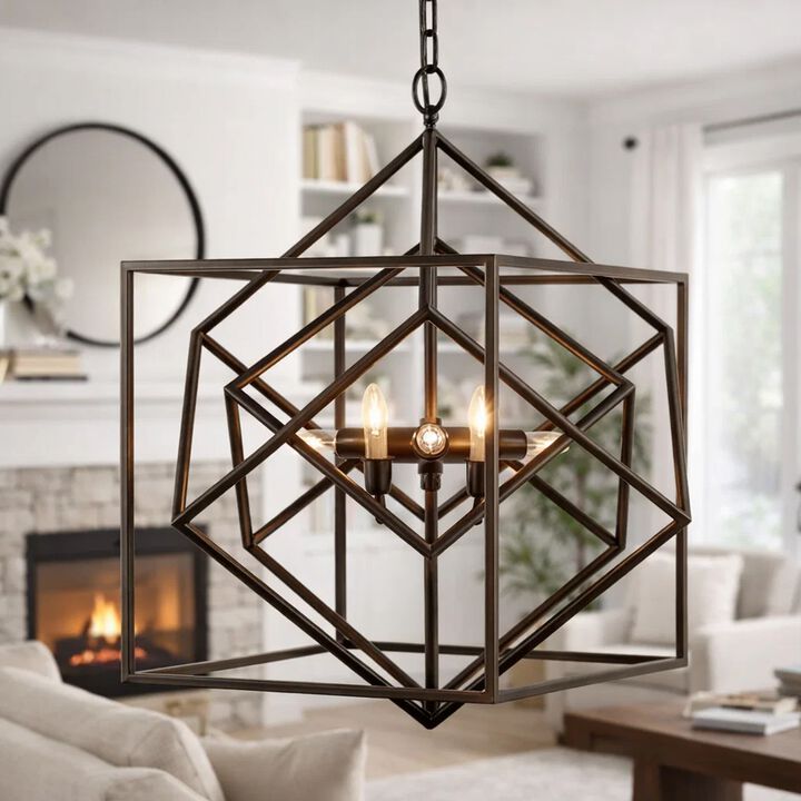 19 Inch 2 Light Chandelier, Geometric Pattern, Iron Frame, Retro, Black - Benzara