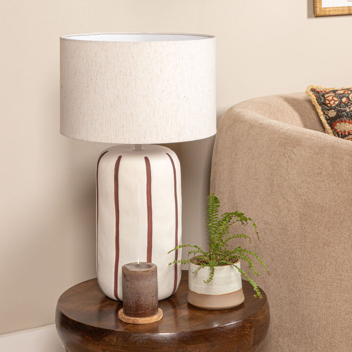 Stoneware Table Lamp with Hand-Painted Stripes and Linen Shade