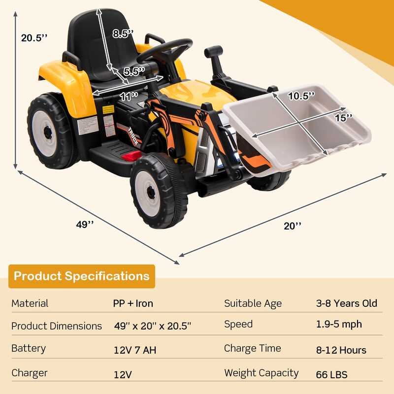 Battery Powered Kids Excavator Ride On Toy with Adjustable Arm and Shovel Bucket-yellow image number 2