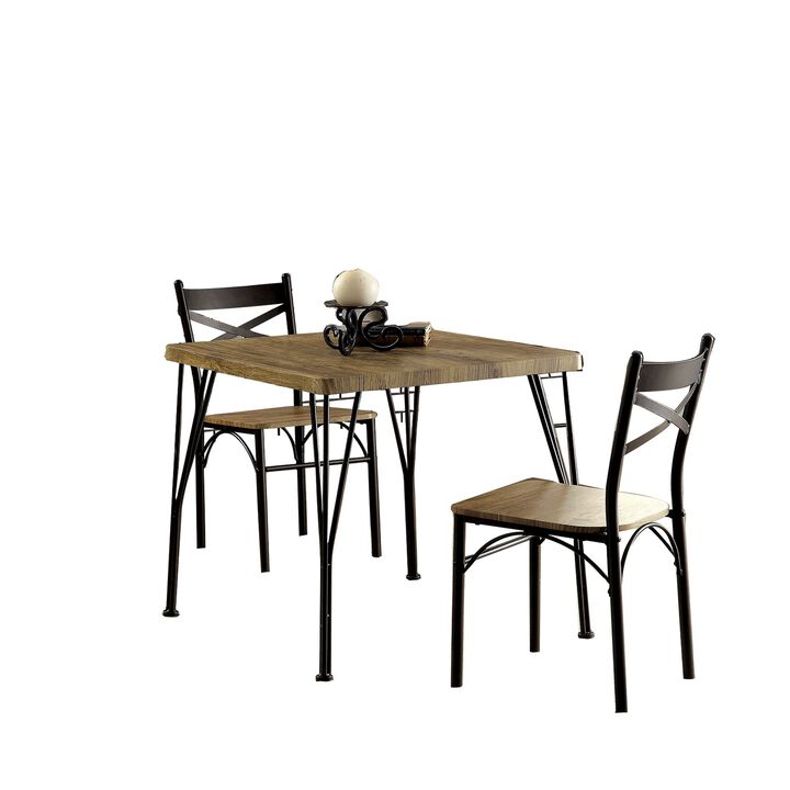 Industrial Style 3 Piece Dining Table Wood And Metal, Brown And Black-Benzara