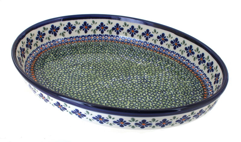 Blue Rose Polish Pottery Peacock Large Oval Baker