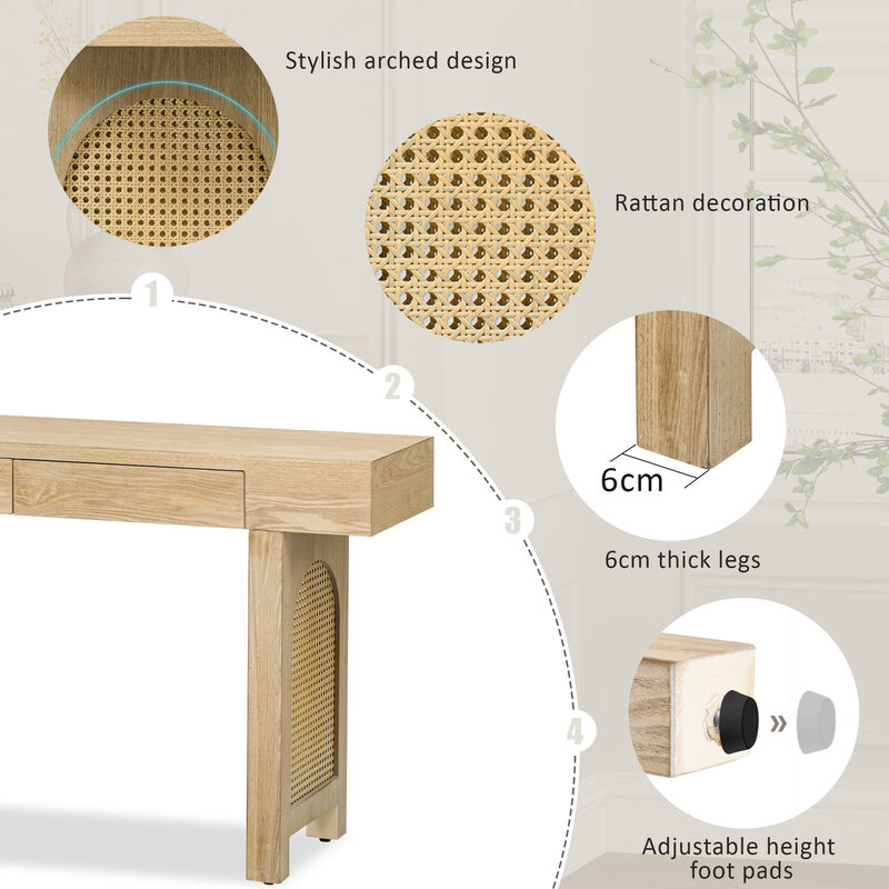 Clihome Narrow Console Table with Rattan Accent, Natural Wood Finish Entryway Table with Storage Drawers, Stylish Rustic Sofa Table for Living Room and Hallway