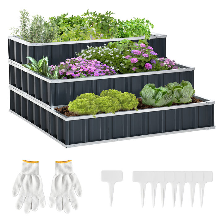 Outsunny 3 Tier Raised Garden Bed Color Steel Raised Garden Bed w/ Pair of Glove 47''x 47''x 25'' for Backyard, Patio to Grow Vegetables, Herbs, and Flowers, Grey